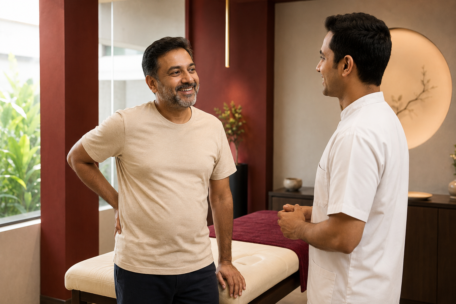 Indian patient moving comfortably while reviewing progress with a clinician