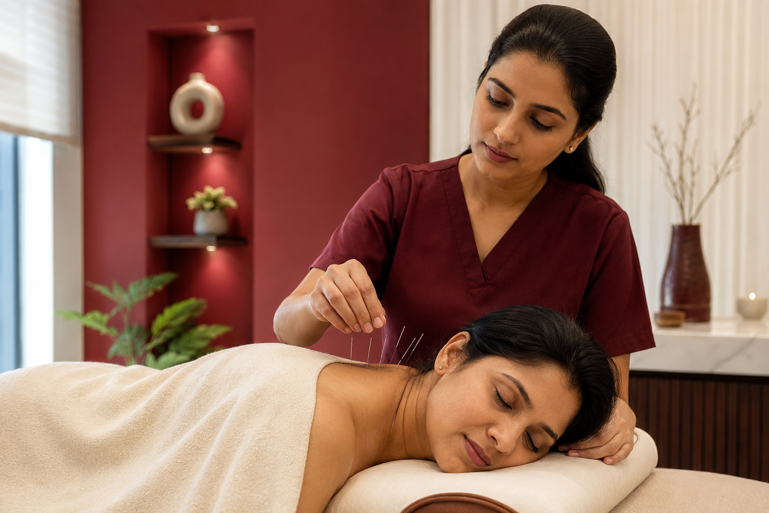 Indian patient receiving professionally supervised acupuncture care